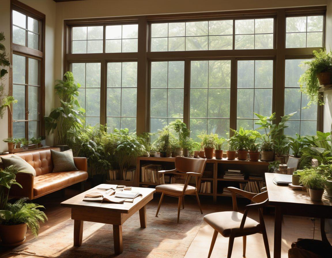 A serene and inviting workspace filled with lush plants, cozy seating, and a warm color palette, showcasing a community of diverse individuals collaborating and sharing ideas over a laptop and notebooks. Soft sunlight filtering through large windows, casting gentle shadows and creating a joyful atmosphere. Include elements that symbolize content creation, like books, coffee cups, and creative tools. cozy and vibrant. super-realistic. natural light.