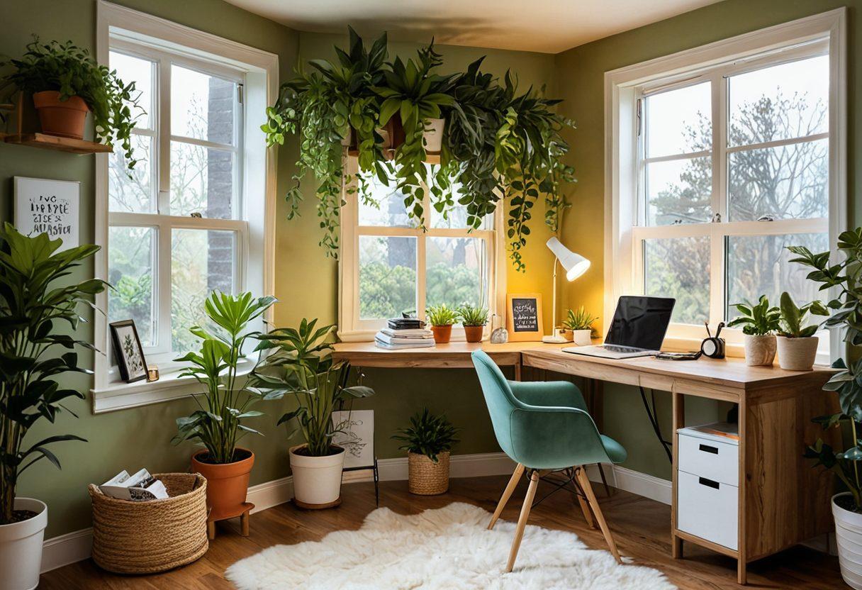 A serene and inviting workspace filled with vibrant plants, colorful inspirational quotes on a bright wall, a cozy reading nook with a plush chair, and a glowing laptop. Soft natural light pouring in through a large window, creating a warm atmosphere that embodies joy and creativity. super-realistic. vibrant colors. soft natural lighting.