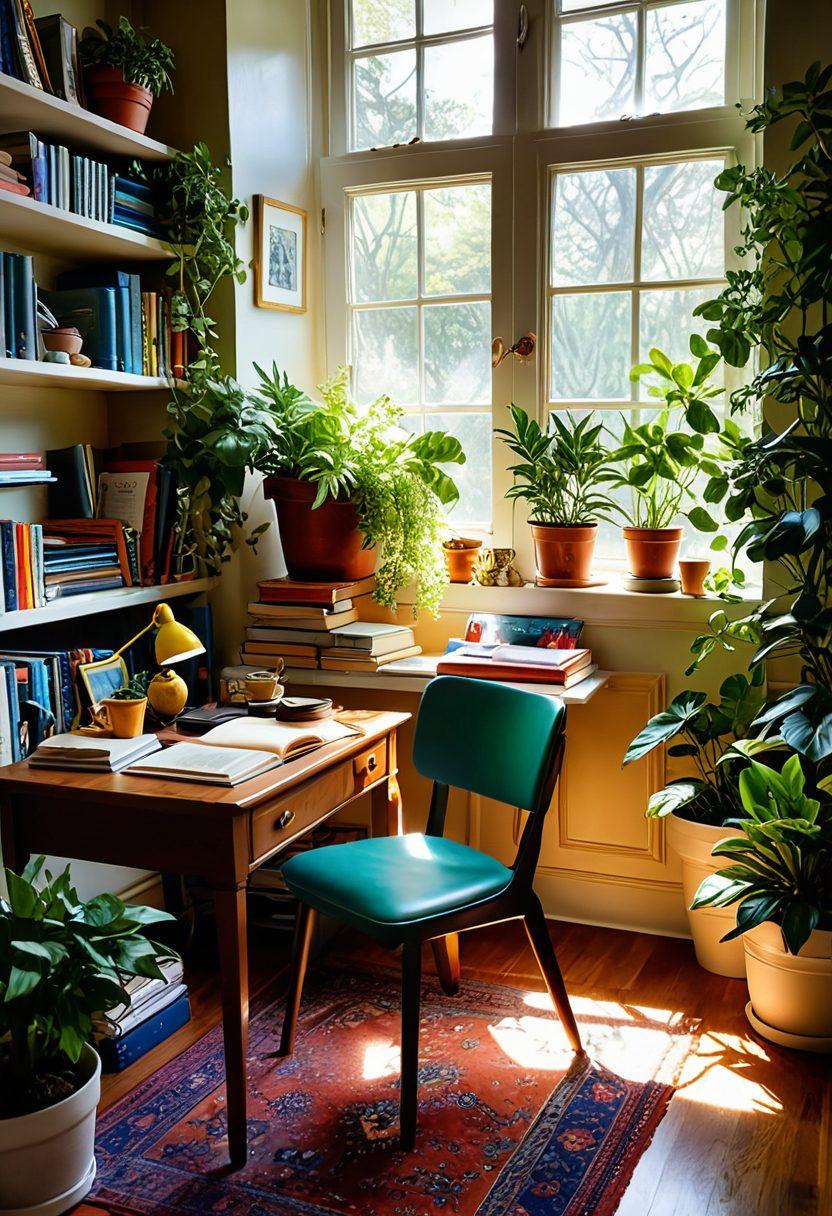 A cozy, eclectic writing nook filled with vibrant colors, where a writer is joyfully surrounded by open books and scattered pages. Sunlight streams through a window adorned with plants, inspiring creativity and warmth. The room features a comfortable chair, a whimsical desk, and artistic decorations that evoke a sense of joy and engagement. The atmosphere radiates pleasure and inspiration, inviting stories to flourish. super-realistic. vibrant colors. cozy ambience.